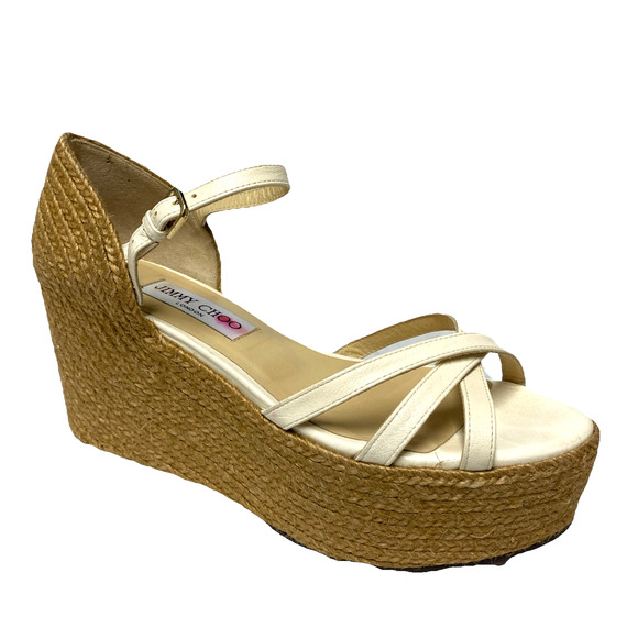 Jimmy Choo Delaney Sandal 80 Ivory Leather Wedge Braided Rope Detailing … - Picture 1 of 11